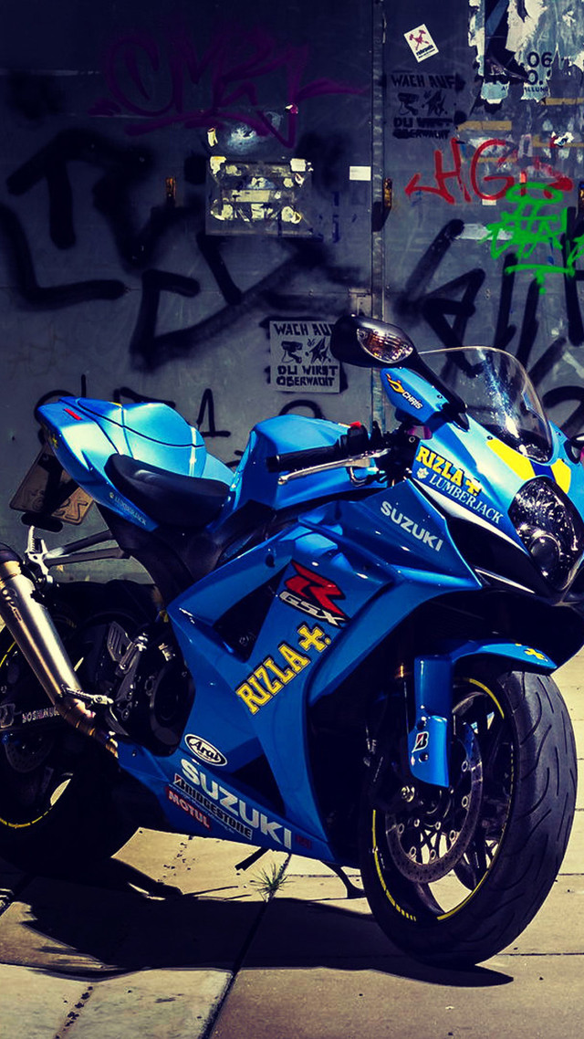 Blue motorcycle graffiti wallsidewalk photorealism free wallpaper - medium preview image