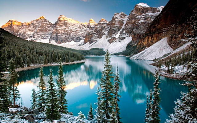 Mountain lake snow trees bridge free wallpaper - medium preview image
