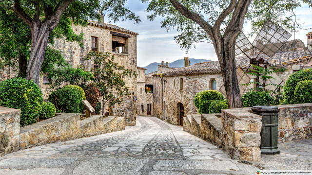 Stone street building trees fence free wallpaper - medium preview image