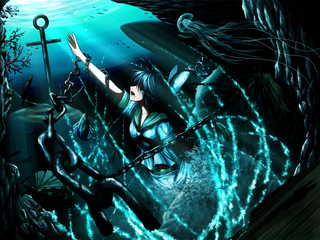 Woman blue dress sword cave free wallpaper - medium preview image