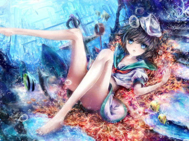 Woman laying ground fish hand free wallpaper - medium preview image