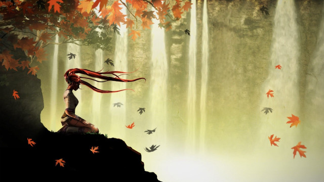 Woman red hair cliff forest free wallpaper - medium preview image