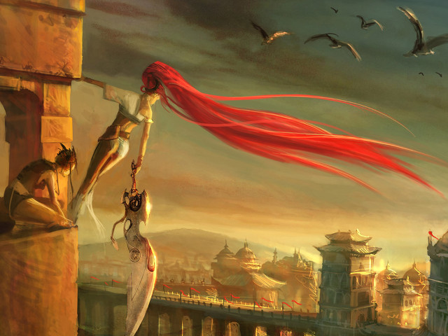 Woman hanging building red hair free wallpaper - medium preview image