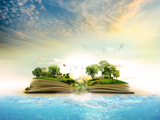 Open book landscape waterfall floating free wallpaper - medium preview image