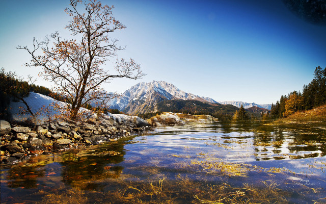Lake tree mountains snow rocks free wallpaper - medium preview image
