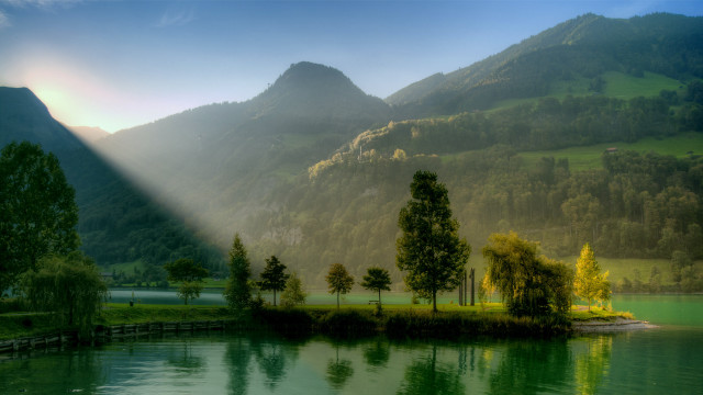 Lake mountains trees sunbeam clouds free wallpaper - medium preview image