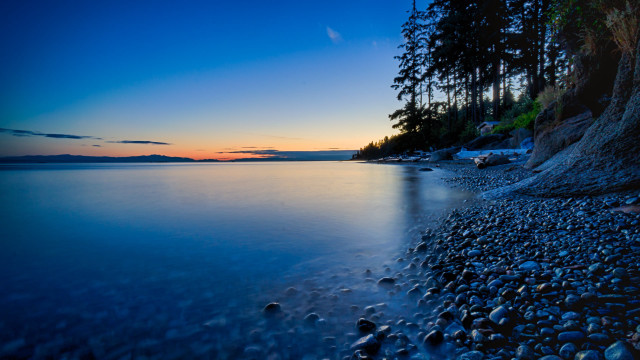 Lake shore trees sunset mountains free wallpaper - medium preview image