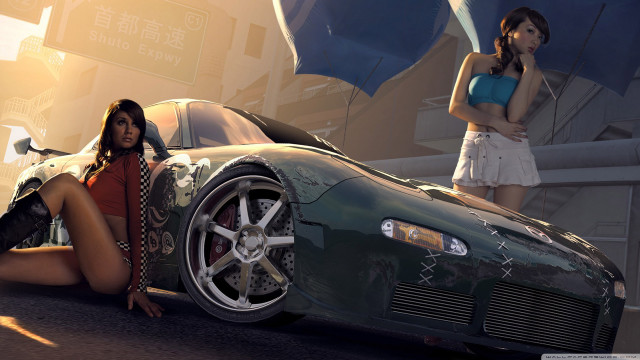 Woman sitting ground car standing free wallpaper - medium preview image