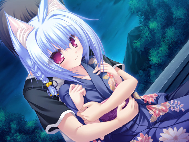 Blue hair hugging cat flowers free wallpaper - medium preview image