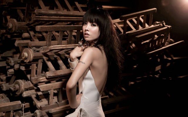 Woman white dress wooden crates free wallpaper for desktop - medium preview image