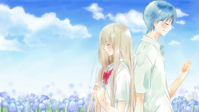 Flower field couple blue hair free wallpaper - medium preview image