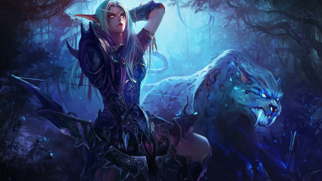 Woman bow wolf forest trees free wallpaper - medium preview image