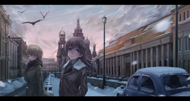 Couple snow street car building free wallpaper - medium preview image