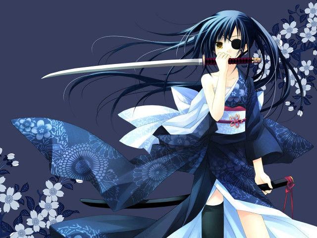 Woman blue dress sword flower free wallpaper - medium preview image