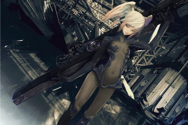 Woman futuristic outfit sword cityscape free wallpaper - medium preview image