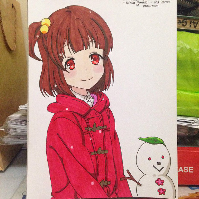 Girl snowman drawing winter fun free wallpaper - medium preview image