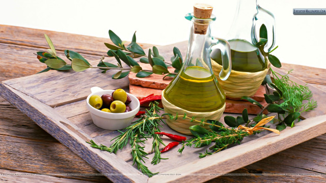 Wooden tray olives olive oil free wallpaper - medium preview image
