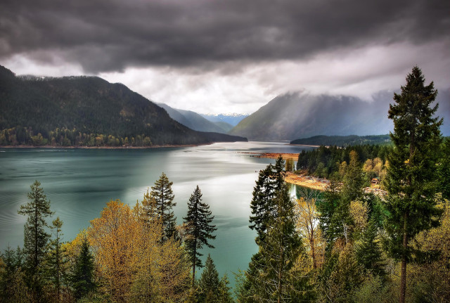 Lake trees mountains cloudy sky #3 free wallpaper - medium preview image