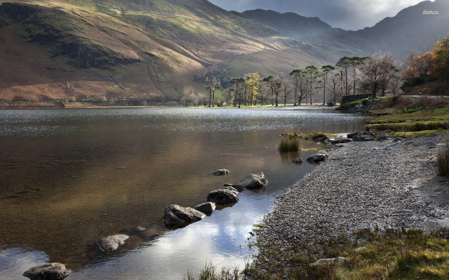 Lake rocks mountains clouds trees free wallpaper - medium preview image