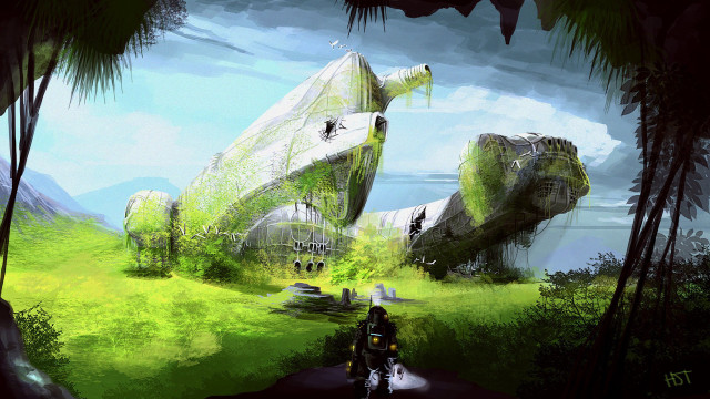 Man motorcycle forest giant building free wallpaper - medium preview image