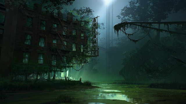 Dark forest building light distance free wallpaper - medium preview image