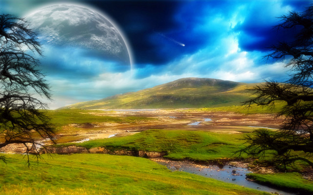 Landscape moon river mountain painting #4 free wallpaper - medium preview image