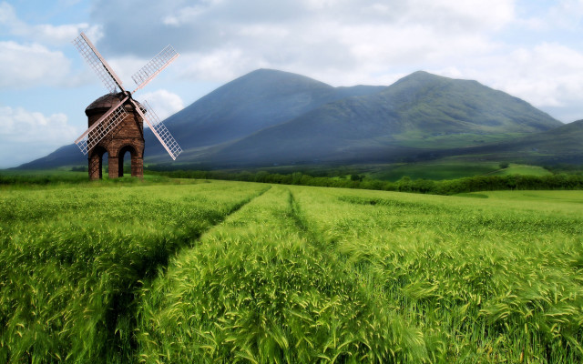 Windmill greenfield mountains trail nature free wallpaper - medium preview image