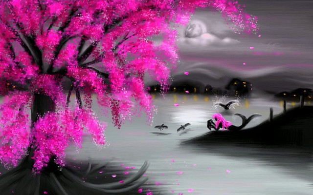 Pink flowers birds moon scenery free wallpaper - medium preview image