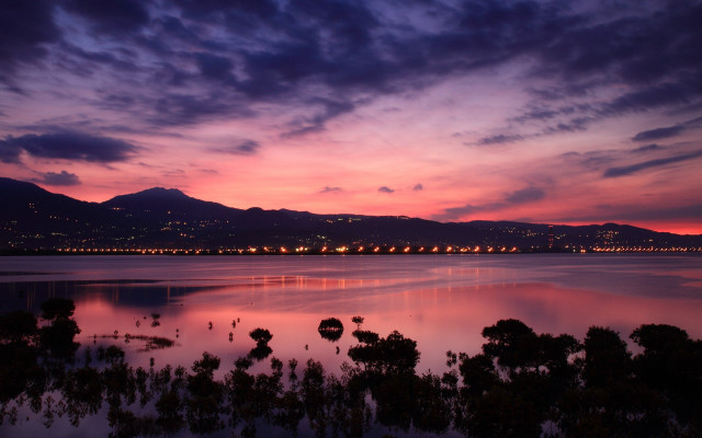 Sunset lake mountains city lights free wallpaper - medium preview image