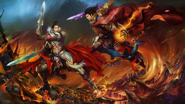 Two men armor fighting fire free wallpaper - medium preview image