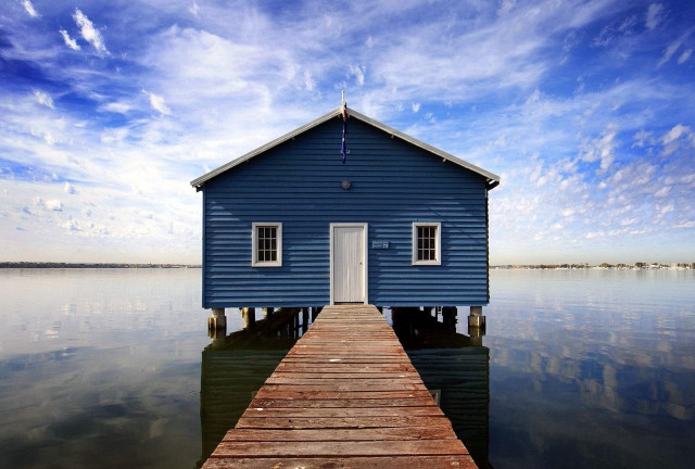 Blue house wooden pier water #2 free wallpaper - medium preview image