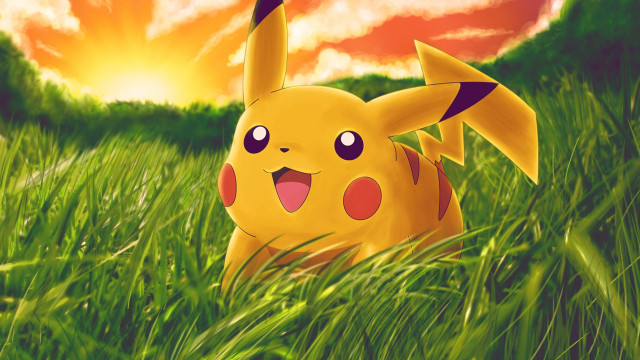 Pikachu grass sunset red sky free wallpaper - medium preview image