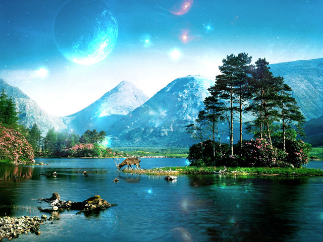 Mountain lake animals background stars free wallpaper - medium preview image