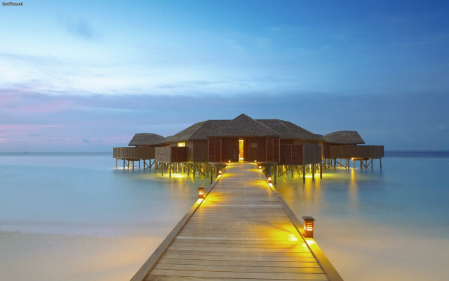 Pier wooden hut dusk lights free wallpaper - medium preview image