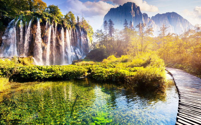 Waterfall river trees bench foreground free wallpaper - medium preview image