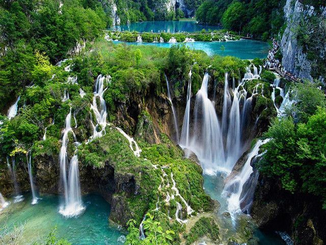 Waterfall lake many waterfalls scenery free wallpaper - medium preview image
