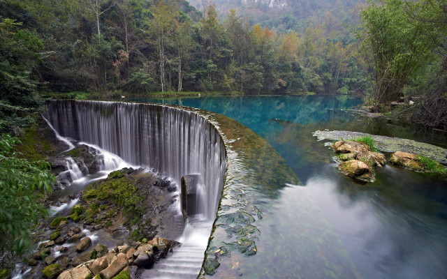 Waterfall river trees rocks blue free wallpaper - medium preview image