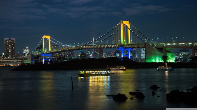 Bridge lit night water city free wallpaper - medium preview image