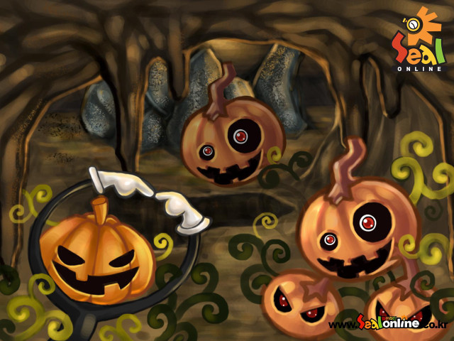Pumpkins with faces in forest free wallpaper - medium preview image