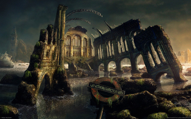 Ruined building river welcome city free wallpaper - medium preview image