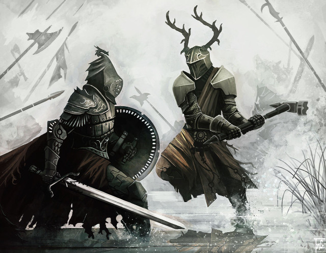 Two knights armor swords deer free wallpaper - medium preview image