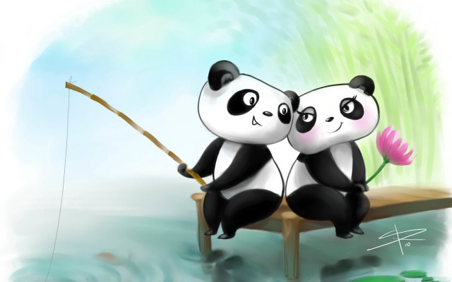 Pandas bench fishing pole flowers free wallpaper - medium preview image