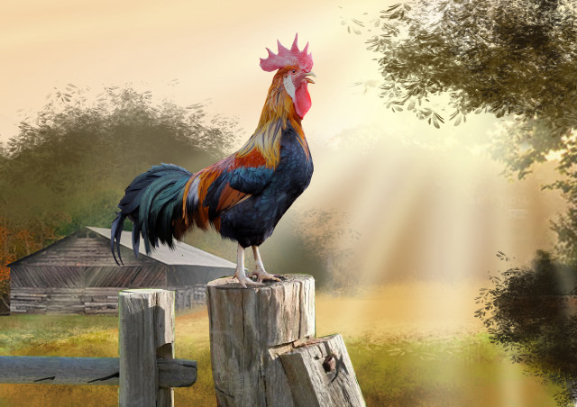 Rooster standing post field barn free wallpaper - medium preview image