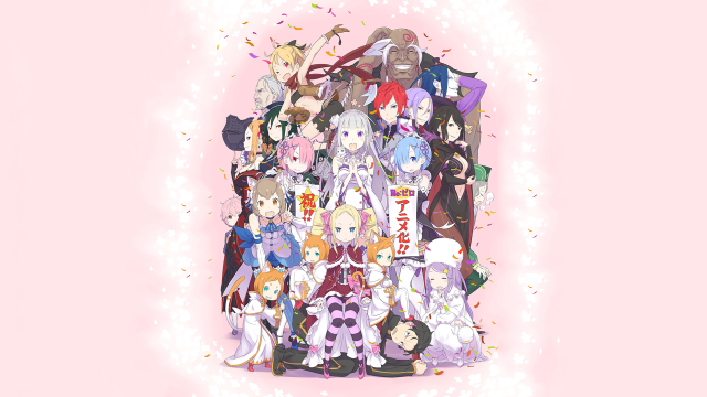 Anime characters pink background confetti free wallpaper - medium preview image