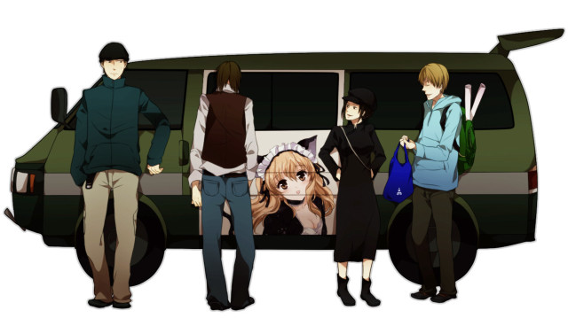 Group people van dog blue free wallpaper - medium preview image