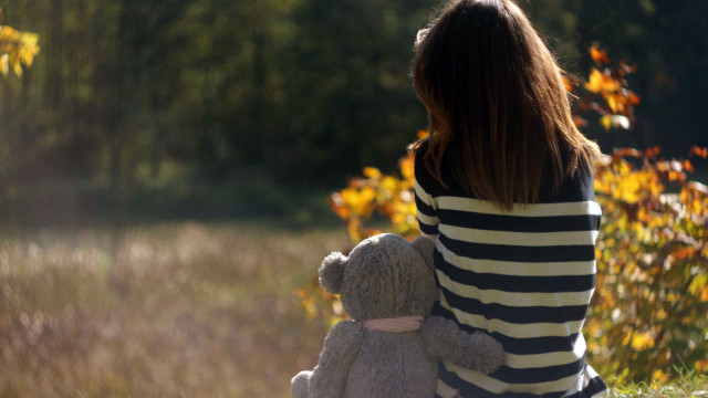 Woman bench teddy bear forest free wallpaper - medium preview image