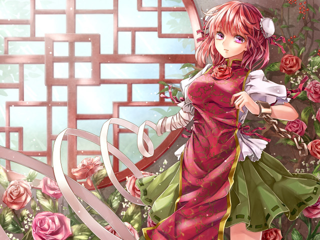 Woman pink dress roses lattice free wallpaper - medium preview image