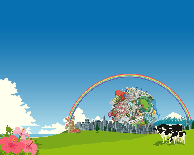 Cow rainbow field building sky free wallpaper - medium preview image