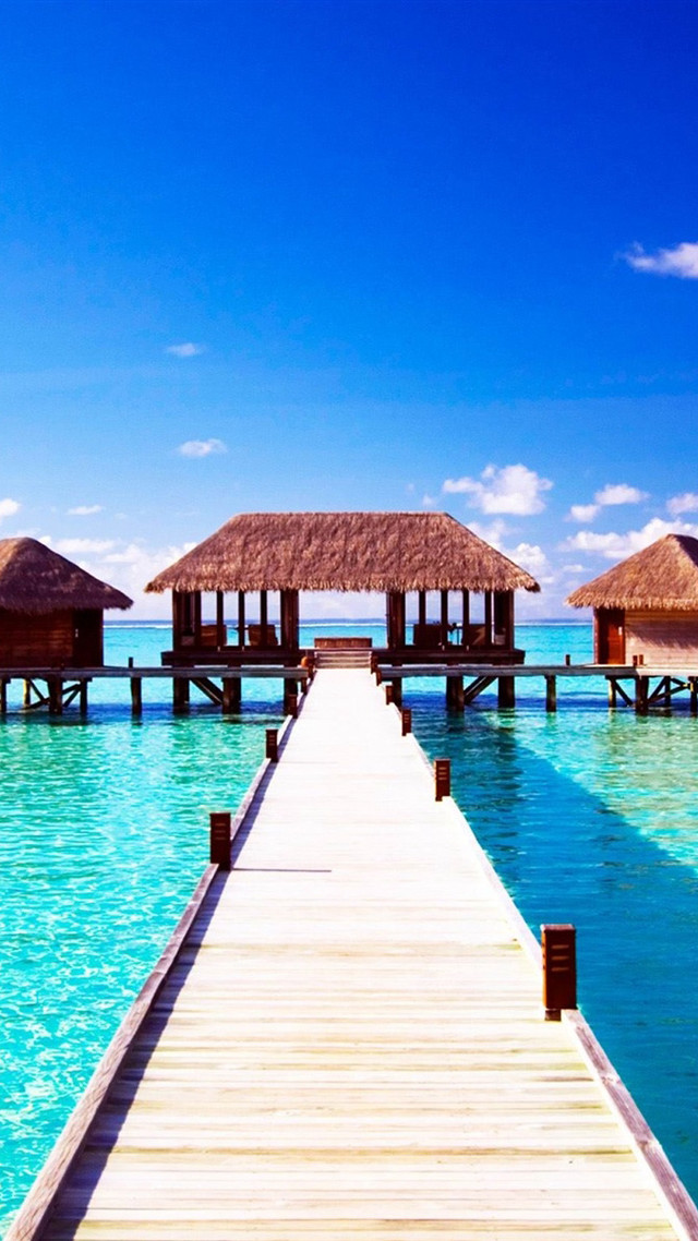 Pier beach thatched huts water free wallpaper - medium preview image