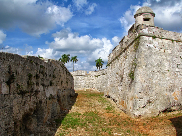 Stone wall tower palm trees free wallpaper - medium preview image